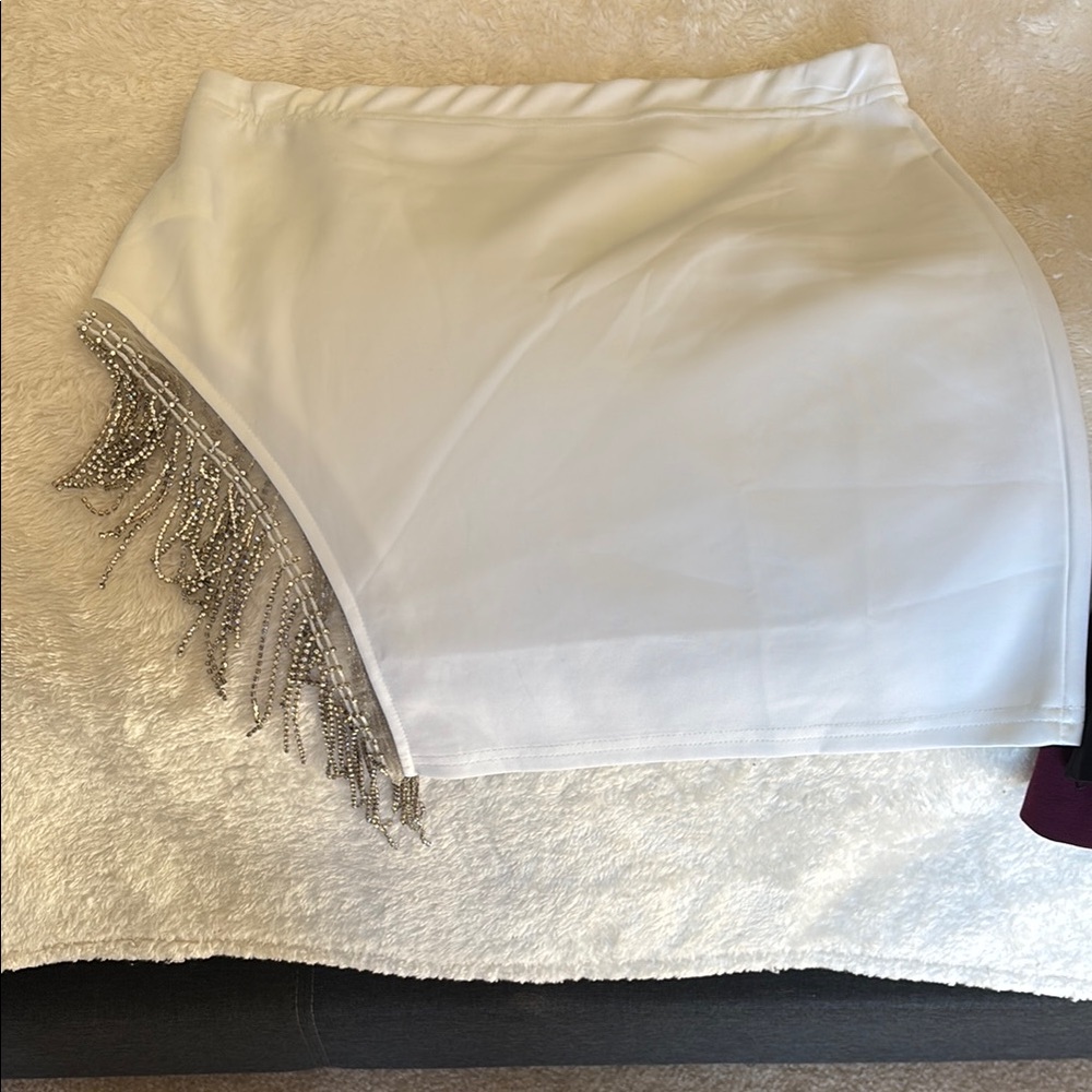 Cream Asymmetrical Mini Skirt with Embellishments